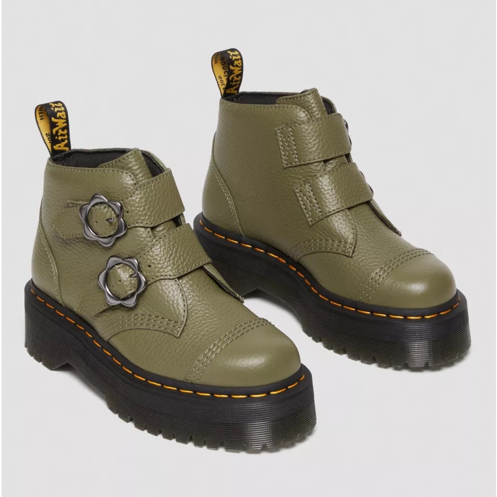 Dr. Martens Devon Flower Boots Leather Ankle Booties Platform Buckles - Picture 5 of 12